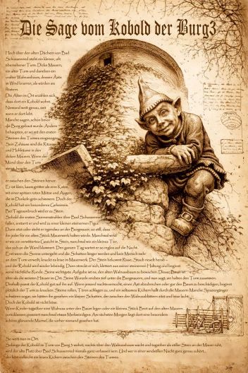 KI generiertes Plakat mit Text und Abbildung eines Kobolts auf der Burg3
